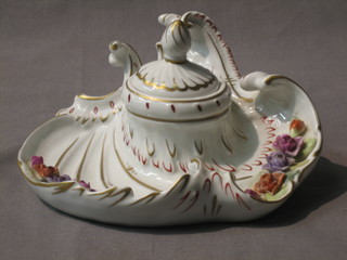 A 20th Century GDR porcelain inkwell with floral encrusted decoration 7"