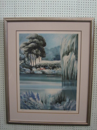 A modern limited edition coloured print "Park Land with Lake" 25" x 18", signed