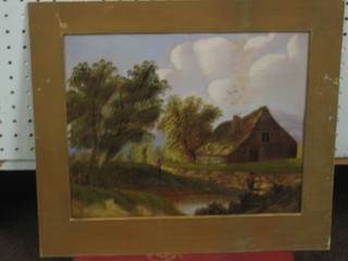 19th Century oil on card, "Country Cottage with Figures" 9" x 11"