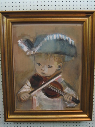 Kanelba, oil and gouache on board, head and shoulders study "Boy Playing a Violin" 7" x 13"