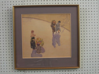 R Barraud, a watercolour from above "Aerial View of Figures Walking in a Park" 12" x 12" signed and dated 1943