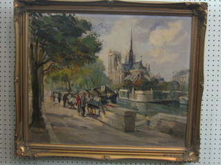 J Laurent, 20th Century oil on canvas "Notre Dame and The Seine" 19" x 23"