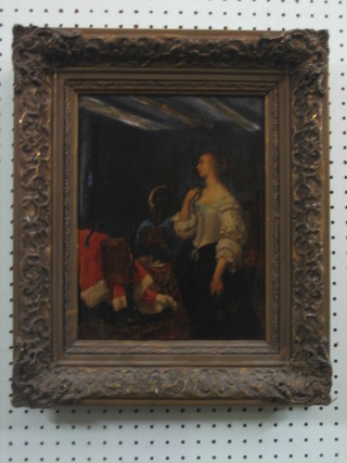 19th Century oil painting board after General Tenborch "Interior Scene with Standing Noble Lady and Servant" 11 1/2" x 9"