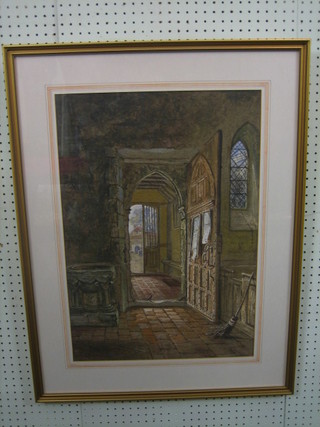 Richard M Rayner, watercolour drawing "Church Interior with Font and Porch" signed and dated, 24" x 17"