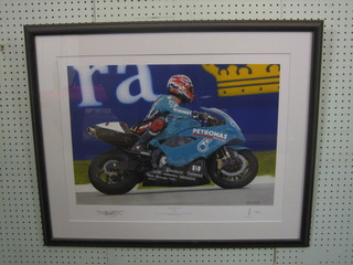After Dave Foord, a limited edition coloured print 135/500 "Back on Track" signed by David Foord and Carl Fogarty 15" x 22"