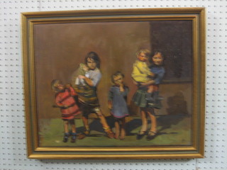 Lucy Pott, oil on canvas "Tansy Jenny Annie Kate" the reverse with Mall Gallery Label 16" x 19 1/2"