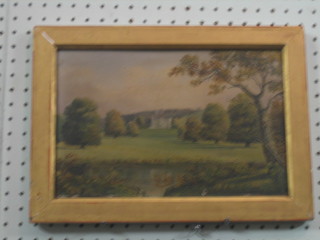 H Blunt, 19th Century oil on board "Country House in Park Land" 8" x 11 1/2"