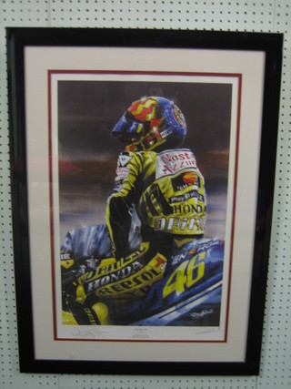 After Greg Tillett, limited edition coloured print "The Doctor" signed by Gret Tillett and Valentino Rossi 24" x 16"