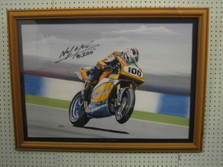 Oil on board study of "Neil Hodgson Riding a Motorcycle" 18" x 26" indistinctly signed