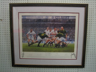 Peter Cornwall, limited edition coloured print "The Spirit of England" signed by Matt Dawson, Jeremy Guscott and Dan Logan 14" x 20"