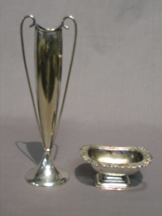 An Art Deco silver plated twin handled vase 9" and an oval salt