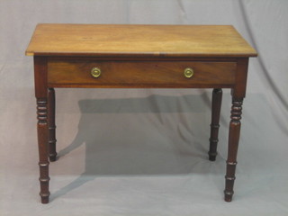 A 19th Century mahogany side table fitted 1 long drawer, raised on turned supports 36"