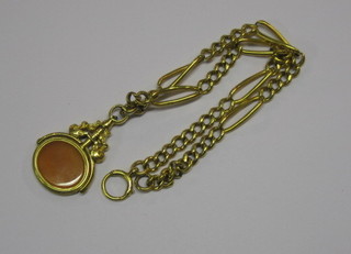 A 9ct gold fetter and curb link double Albert watch chain 14" hung a gilt metal fob