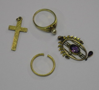 An 18ct gold wedding band (cut), a 9ct gold cross, a gilt metal dress ring and a gilt metal pendant