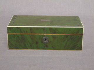 A 19th/20th Century green tortoiseshell cigarette box with hinged lid and ivory stringing, 7"