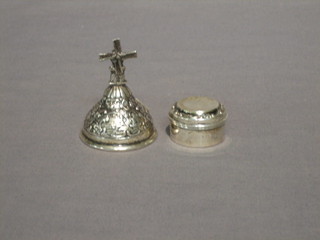 A circular silver rouge pot and cover 1" together with a small Dutch table bell
