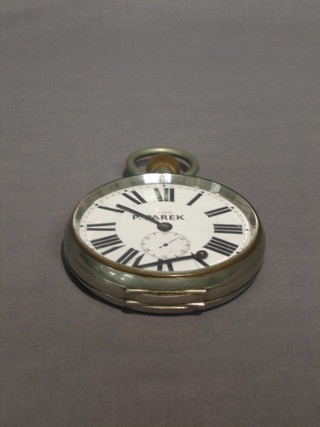 A Goliath style 8 day pocket watch with enamelled dial contained in a chromium plated case marked P Parker 8 Day Swiss Made (dial chipped, second hand f)
