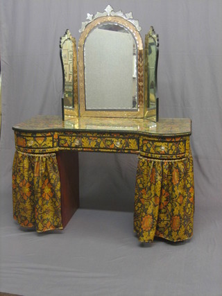 A 1950's Continental style dressing table with Venetian glass triple plate mirror, the base fitted 1 long and 2 short drawers together with an X framed stool 47"