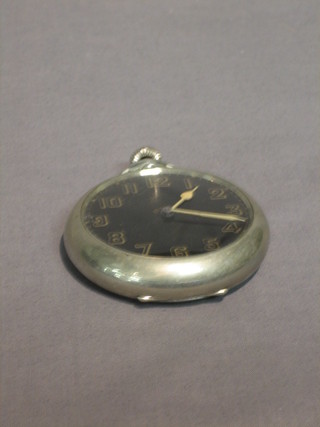 An 8 day open faced pocket watch with black dial and Arabic numerals contained in a chrome case