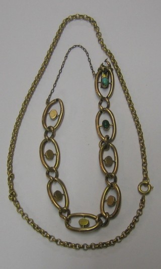 A gold bracelet set turquoise (f) and a gilt metal chain