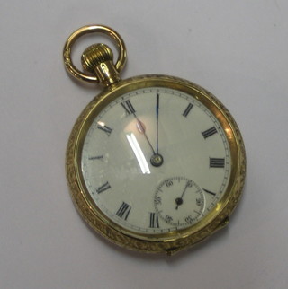 A lady's Continental gold open faced fob watch with enamelled dial and Roman numerals