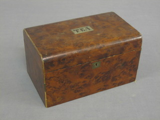 A Victorian figured walnut twin compartment tea caddy with hinged lid 8 1/2"
