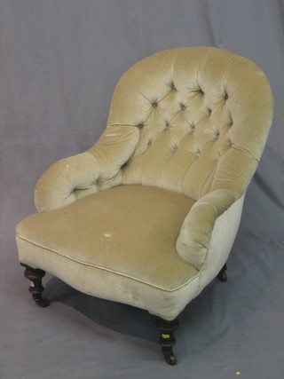 A Victorian tub back chair upholstered in mushroom coloured buttoned Dralon