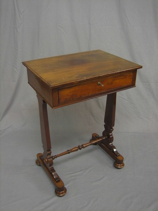 A Victorian rectangular mahogany work table fitted a drawer, raised on standard end supports with H framed stretcher 20"
