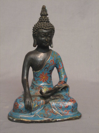 A 20th Century bronze and cloisonne enamelled figure of a seated Buddah 12"