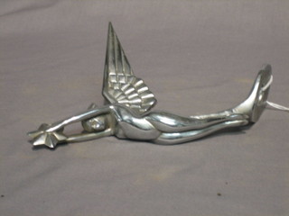 A chromium plated car mascot in the form of a winged female figure holding a cog 3"