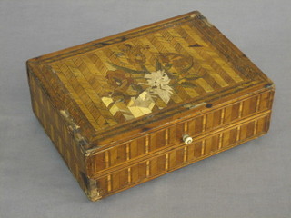 A 19th Century "straw work" box with hinged lid, the interior with paper note saying made by French prisoner's of war