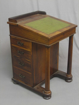 A William IV rosewood Davenport desk with three-quarter gallery and inkwell, the pedestal fitted 4 long drawers, with turned columns 21"