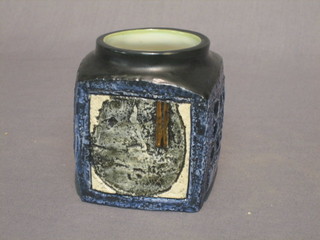 A square blue glazed Troika vase, the base marked Troika JI 4"