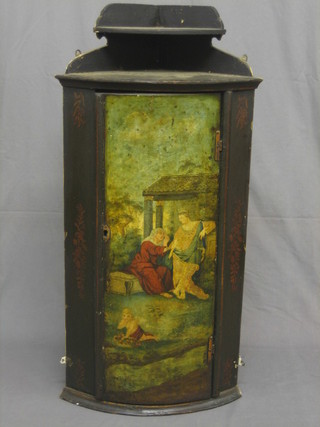 A 19th Century hanging corner cabinet with panelled door  painted a biblical scene 21"