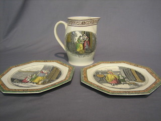 An Adamsware jug decorated The Cries of London 7" and 2 octagonal do. plates 9"