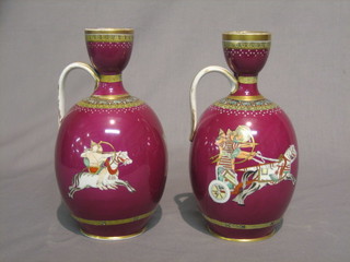 A pair of 19th Century puce coloured jugs decorated classical warriors 8"