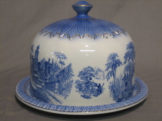 A Staffordshire blue and white pattern cheese dish and cover 12"