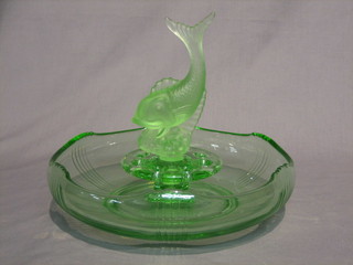 An Art Deco green glass table centre piece in the form of a bowl decorated a dolphin 11"