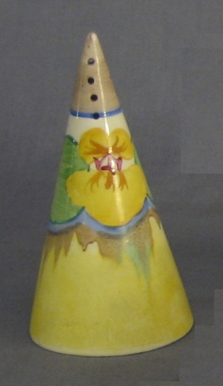 A Clarice Cliff Bizarre pottery conical shaped sugar sifter  with floral decoration 5"