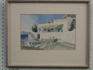 After R Toute, a coloured print "Mediterranean Scene with Quay and Villa" 7" x 11"