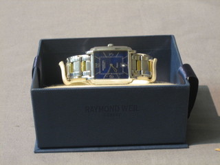 A Raymond Weil gentlemans wristwatch with blue dial contained in a stainless polished blue case