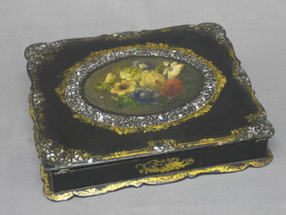 A Victorian papier mache and mother of pearl inlaid writing slope with hinged lid (hinges f and r) 12"