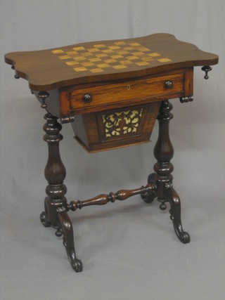 A Victorian shaped rosewood work table, the top inlaid a chessboard, fitted 1 long drawer above a basket, raised on turned supports with turned H framed stretcher 27"