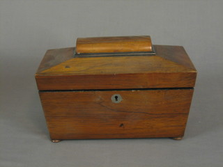 A Victorian rosewood tea caddy decorated "The Last Supper", raised on bun feet 11" (1 foot missing)