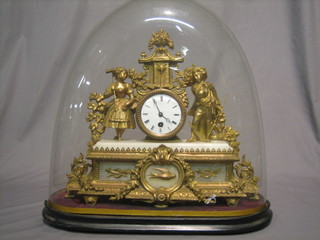A 19th Century French gilt spelter clock decorated lady and gentleman gardener with trophies, having an enamelled dial and contained in an alabaster and gilt spelter case