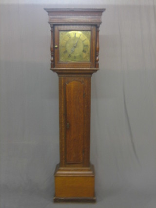 A 17th/18th Century 30 hour longcase clock, chiming on bell, the 11" square brass dial with gilt spandrels and pierced steel hands, contained in an oak case 74" (slightly reduced in height)