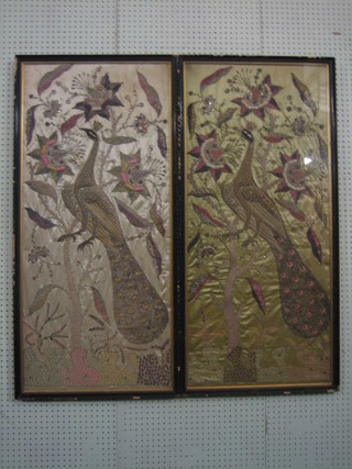 A pair of Eastern embroidered panels depicting birds amidst branches 45" x 20"