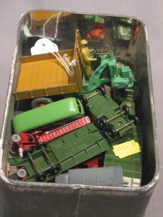 A Dinky motor car 27G, a double Dinky blue Morris van, a Lesley dumper trunk refuge collection cart, a do. flat bed lorry, do. Vauxhall Victor no. 49, do. Cadillac 60 Special no. 27, a Bedford Duple Luxury Coach no. 21, a Dennis fire engine no. 6, a cement mixer lorry, do. double decker bus together with 2 Lesley tank transporters