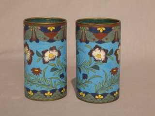 A pair of circular blue ground cloisonne enamelled vases 5"