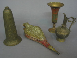 A pair of Benares brass trumpet shaped vases 9", a pair of bellows and other items of Eastern brassware